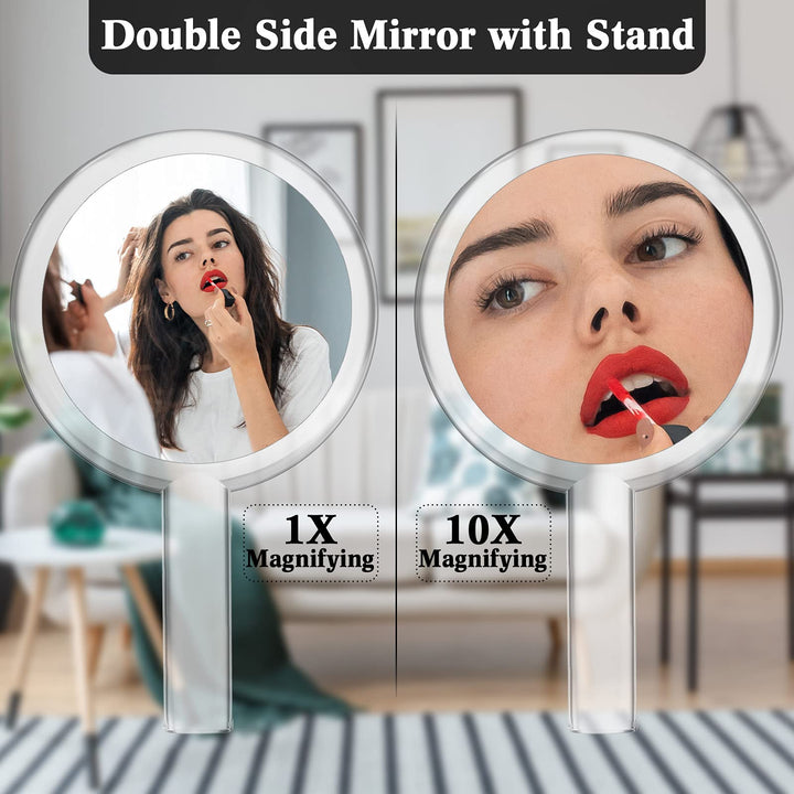 Double-Sided Handheld Mirror with Stand, 1X/10X Magnifying Mirror, Clear Adjustable, Round Shape, 25.8 x 15 cm