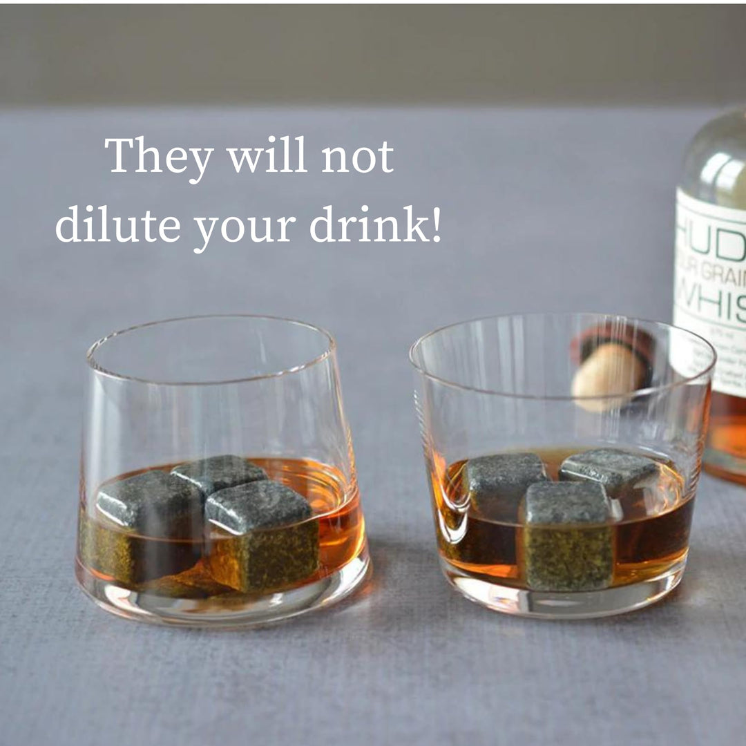 A&amp;A Wonders Premium Whiskey Stones 100% Natural Granite Set of 9 Chilling Rocks Stone Reusable Ice Cubes for Drinks with Velvet Carrying Pouch, Gift for Whiskey Lovers (9 Cubes)