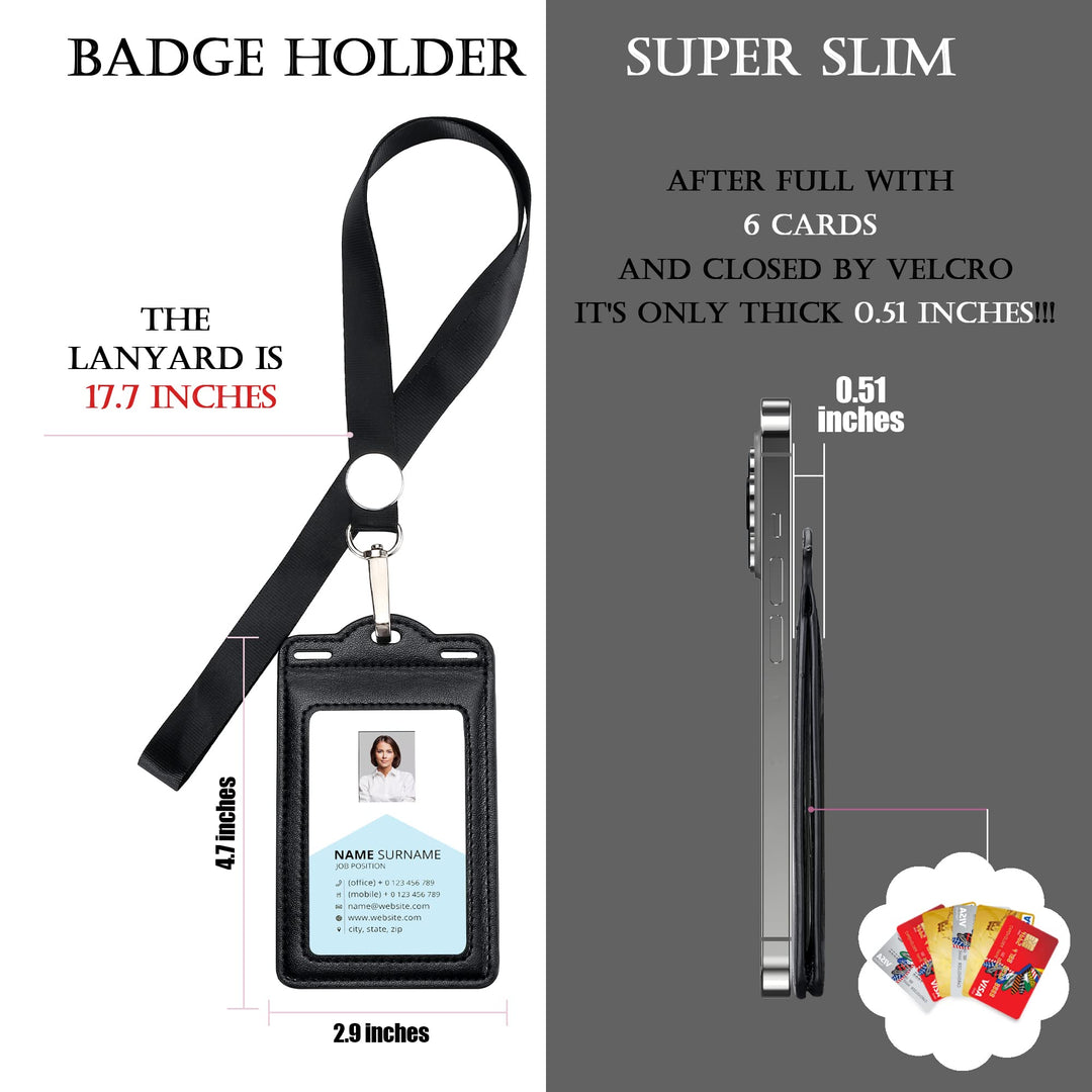 Badge Holder with 2 Lanyard Leather Easily Holds 1 to 6 Cards, Trifold Heavy Duty ID Card Holder, for Nurse Teacher School Medical Law Enforcement