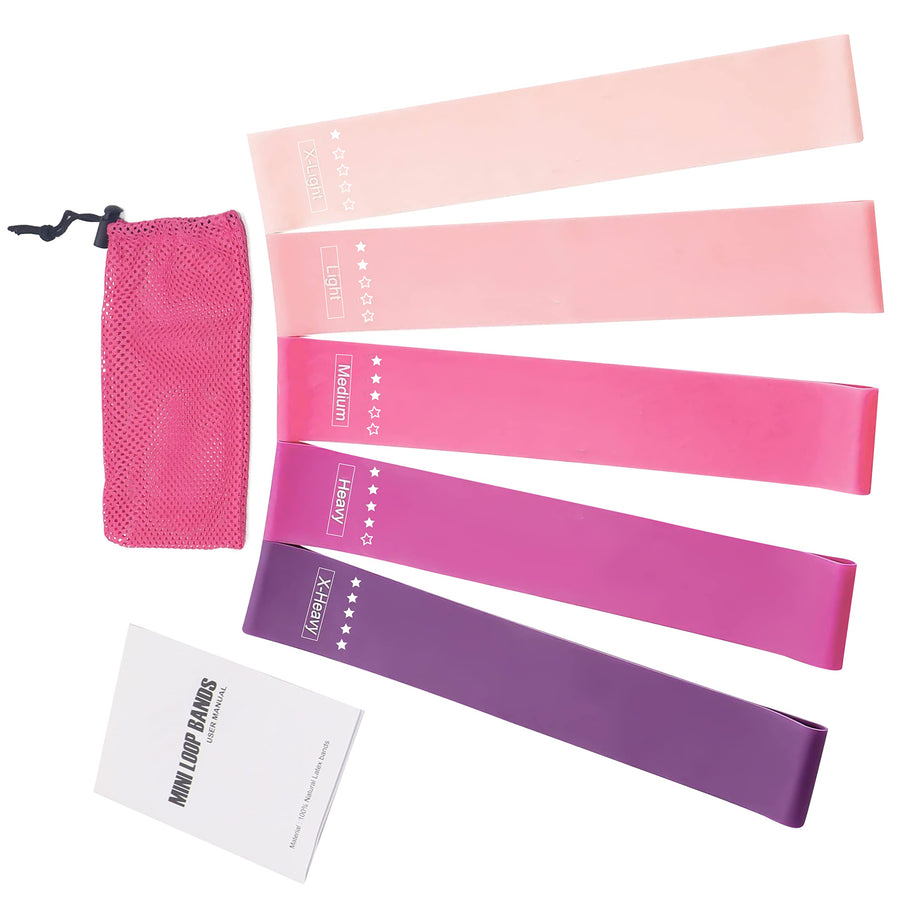 Mini Loop Resistance Bands,5 Different Levels Exercise Bands,Perform Better , for Home or Gym Workouts with Instruction Guide and Carry Bag