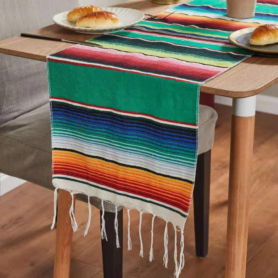 Mexican Table Runner, 14 x 84 Inch Mexican Serape Table Runner, Woven Table Runner for Mexican Party Wedding Decorations Outdoor Picnics Dining Table Birthday Parties (Green)