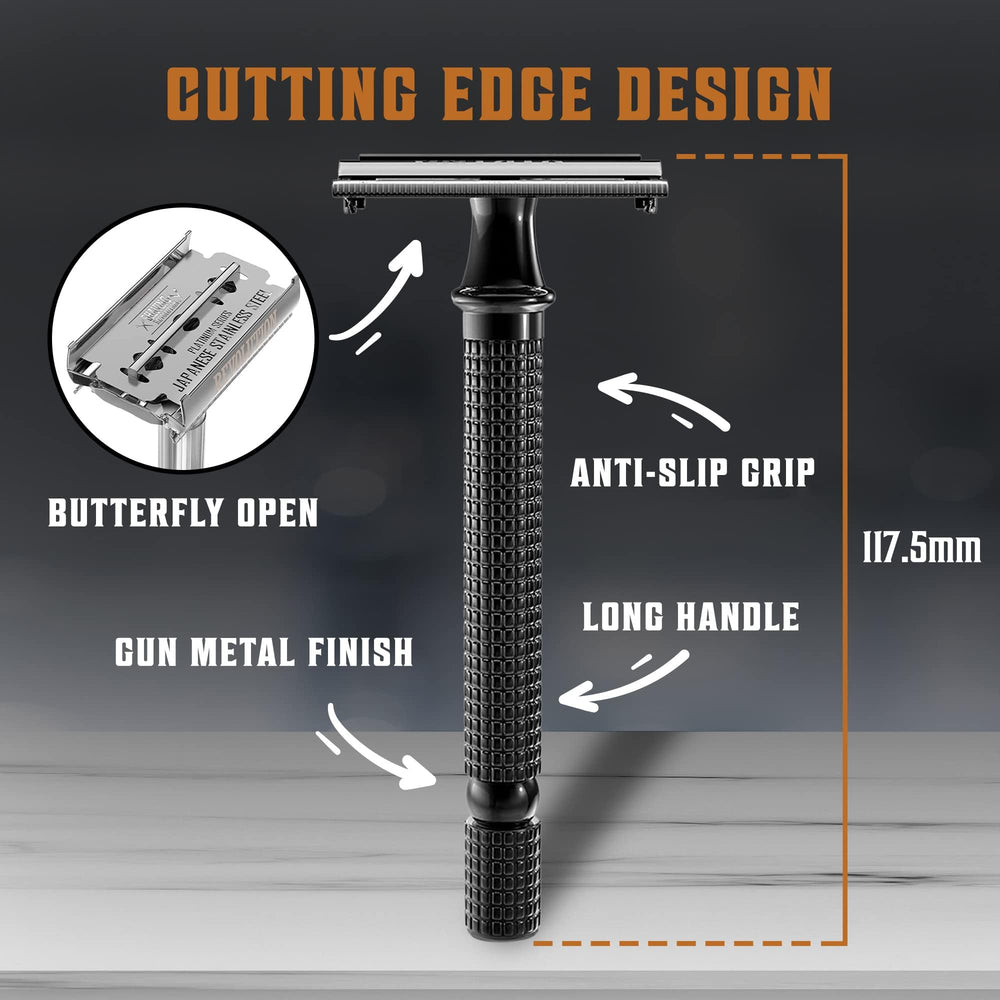 Long Handle Double Edge Safety Razor - Butterfly Open Razor 10 Japanese Stainless Steel Double Edge Blades - Close, Clean Shaving Razor Men., Black Long Handle, 12 Piece Set