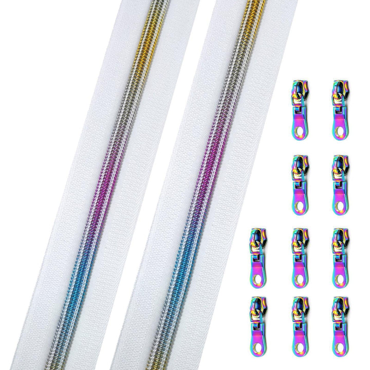B.Y Elements #5 Zippers by The Yard, Nylon Coil Long Zipper, Rainbow Zipper Tape 5 Yards with 10PCS Donut Rainbow Zipper Pulls for DIY Sewing Tailor Craft Bags(White Rainbow)