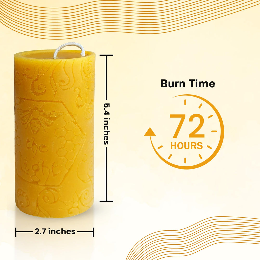 BeeTheLight Beeswax Large Pillar Candle (2.7 x 5.4) - Smokeless Unscented Candle - 72 Hours Burn Time - Natural &amp; 100% Pure Beeswax Candle - Handmade Decorative Pillar Candle (Natural Yellow, Large)
