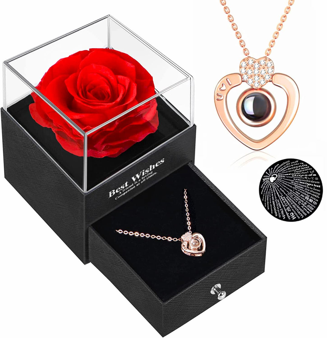 Attmu Preserved Real Rose with I Love You Heart Necklac