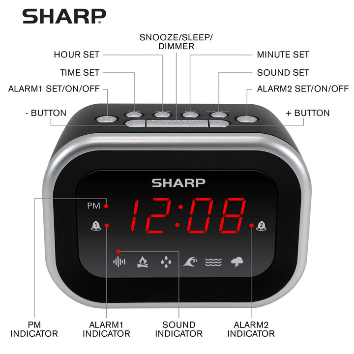 SHARP Dual Alarm Clock with Sound Machine with 6 Relaxi