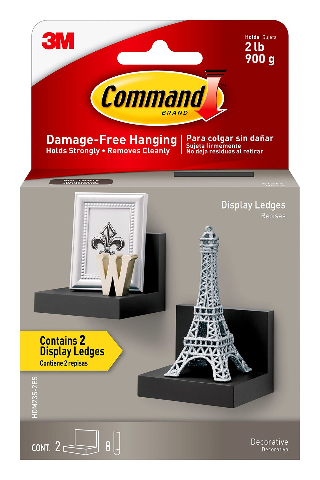 Display Ledges, Holds up to 2 lb, Slate, 2 Ledges with 8 Medium Strips, Damage Free Hanging Floating Shelf with Adhesive Strips, Personalize Living Room, Bedroom, Kids Room or Office