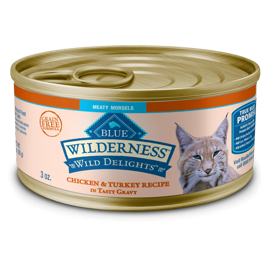 Wilderness Wild Delights Meaty Morsels Wet Cat Food, High-Protein & Grain-Free, Made with Natural Ingredients, Chicken & Turkey Recipe in Tasty Gravy, 3-oz. Cans (24 Count)