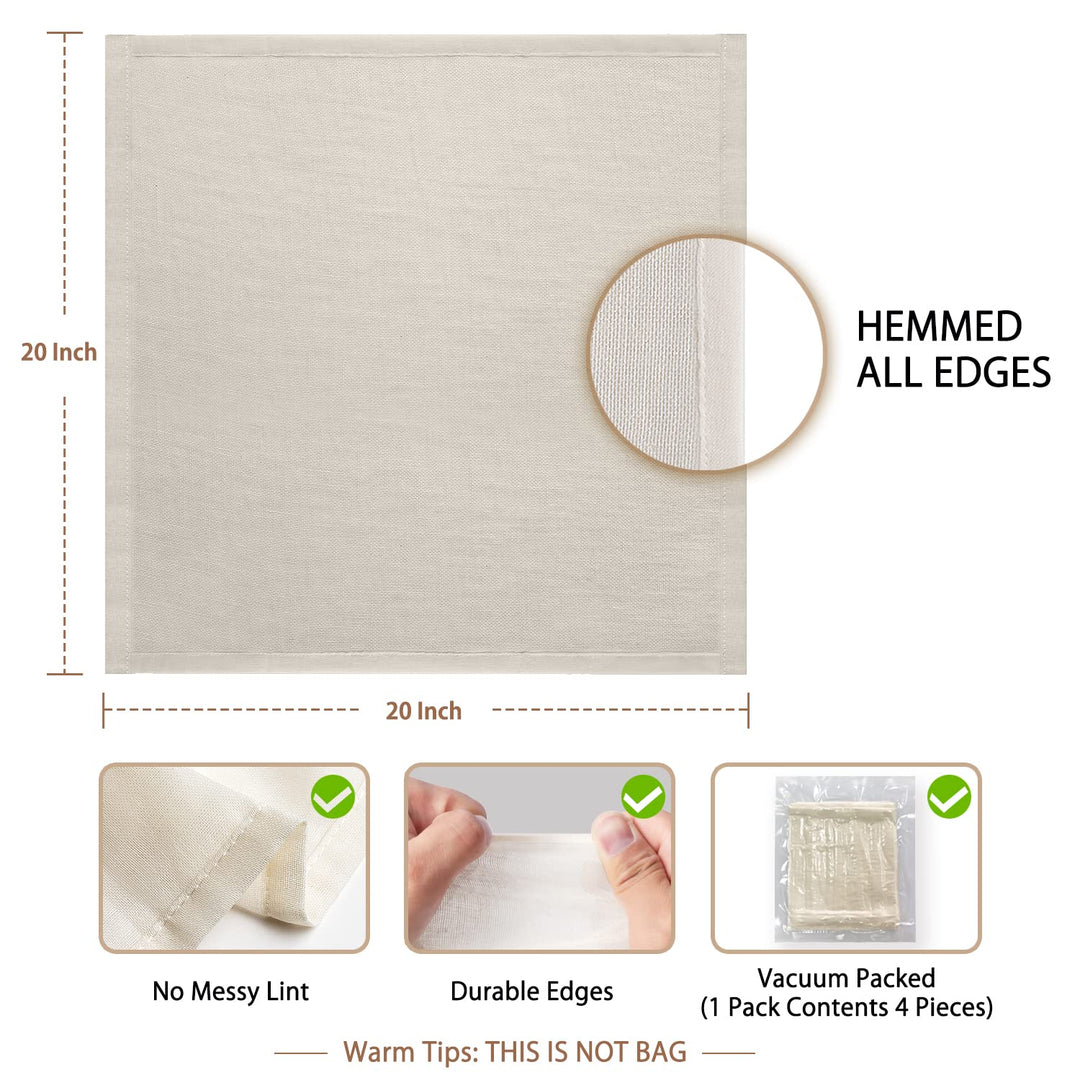 Cheese Cloths, 4PCS, Double-Layer, 20x20Inch, Reusable Grade 90 Cheese Cloth Bag for Straining, Hemmed Unbleached Cotton Precut Fine Mesh Muslin Cheesecloth for Brew, Jelly, Yogurt