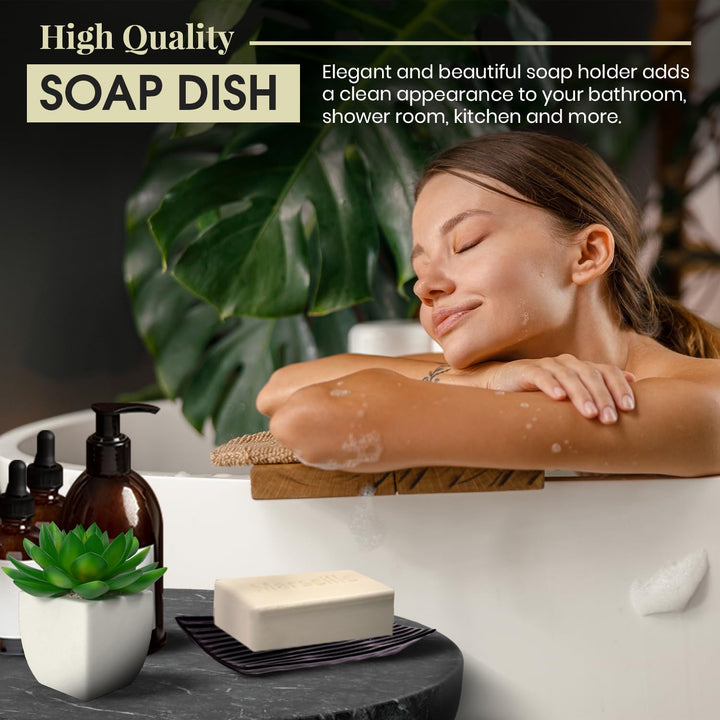 Modern Zen Black Ceramic Soap Dish - 4.9 x 3 Inches Sleek Soap Tray - Durable Bar Soap Holder with Soap Saver Ridges, Soap Tray for Bathroom, Kitchen, or Shower