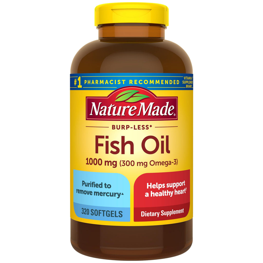 Burp Less Fish Oil 1000 mg Softgels, Fish Oil Supplements, Omega 3 Fish Oil for Healthy Heart Support, Omega 3 Supplement with 320 Softgels, 160 Day Supply