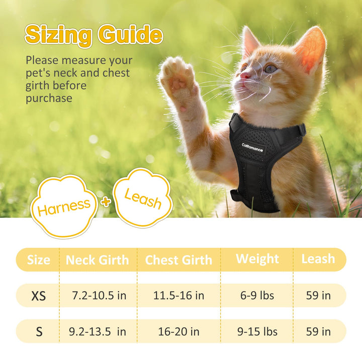 CatRomance Cat Harness Escape Proof, Breathable Mesh Cat Walking Harness, Adjustable Cat Harness and Leash Set with Reflective Strips, Kitten Vest Harness with Leash XS Black