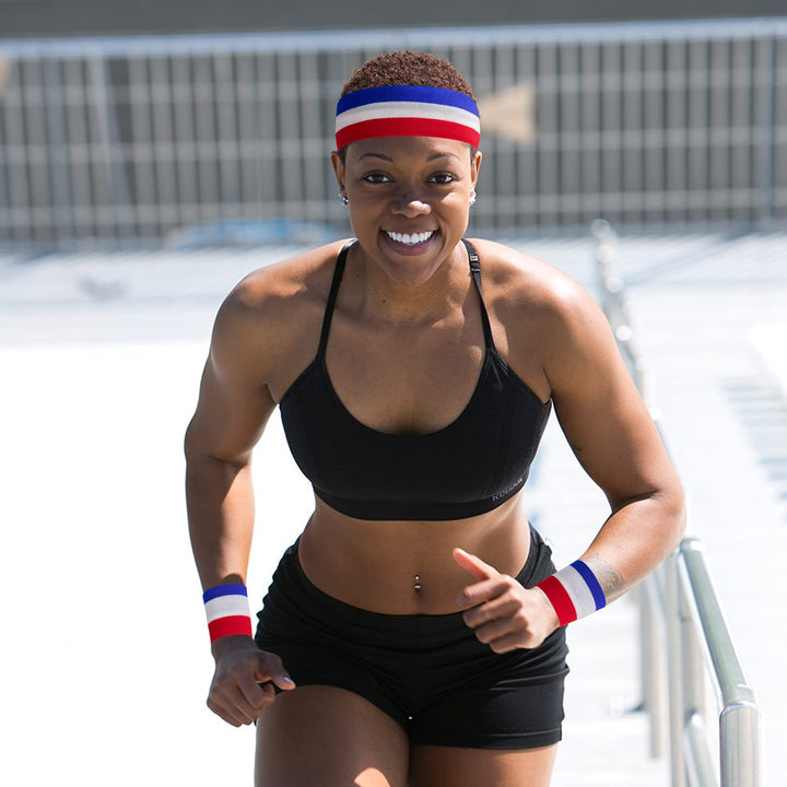 American Flag Sports Headband &amp; Wristband Set - 4 Styles Striped Sweatbands for Basketball, Football, Running, Gym &amp; Exercise - 1 Headband, 2 Wristbands