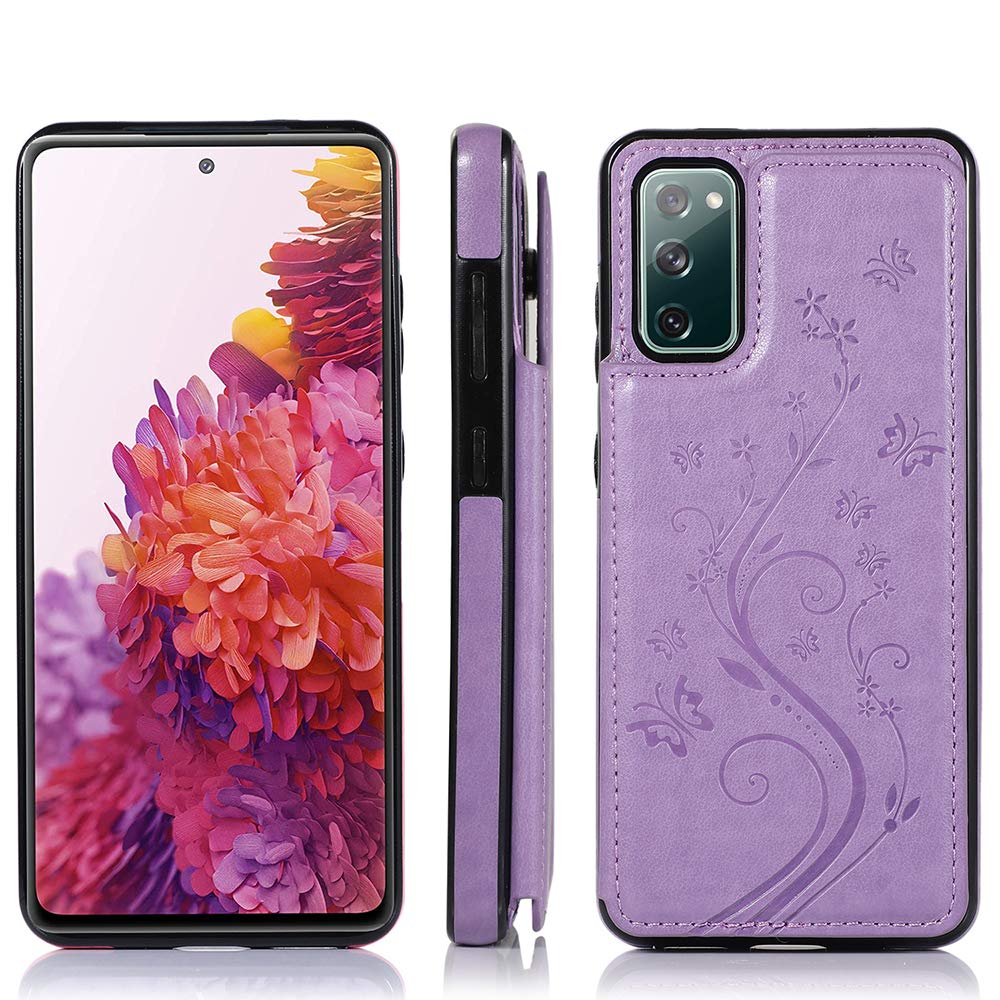 Phone Case for Samsung Galaxy S20 FE 5G/S20 Fan Edition with Tempered Glass Screen Protector Card Holder Wallet Cover Stand Flip Leather Cell Accessories Glaxay S20FE S 20FE FEcases 2020 Women Purple