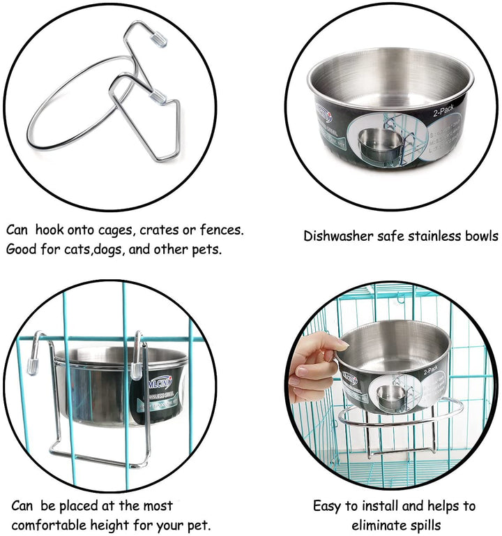 Hanging Pet Bowl, 3 Size 2 Pack Non Spill Stainless Steel Food Water Bowls Bunny Feeder with Hook for Dogs Cats in Crate, Cage &amp; Kennel (S/18 Ounce)