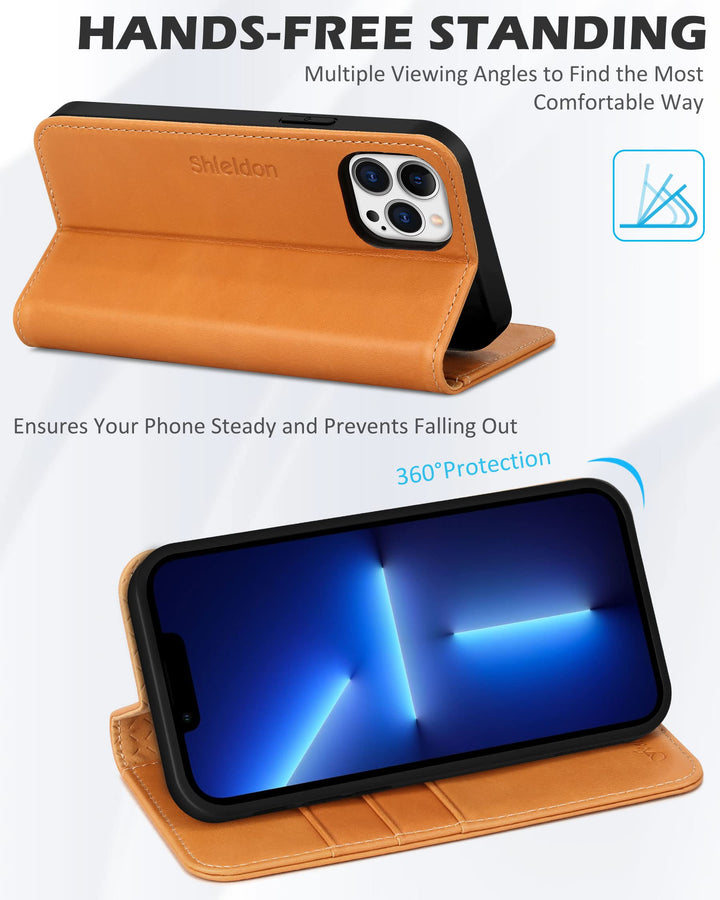 SHIELDON Case for iPhone 13 Pro 6.1, Genuine Leather Wa