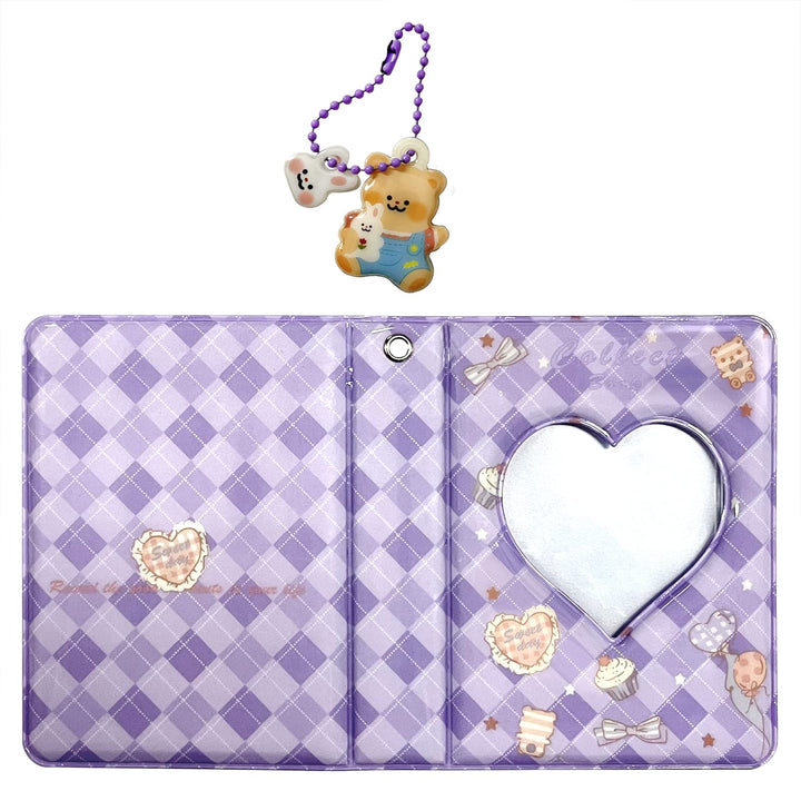 3 Inch Mini Photo Album, Heart Hollow Card Binder Photo Album Photo Card Holder with Pendant 40 Pockets (purple plaid)