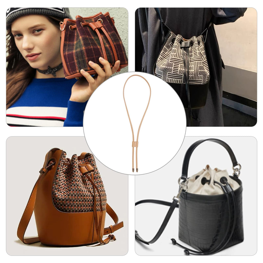 PU Leather Drawstring Pull String Purse Strap, 35.4 Inch Detachable Leather Bucket Bag Strap Leather Slide String Keeper Drawstring Bunches Pocket Accessories for Shoulder Bags, Burlywood