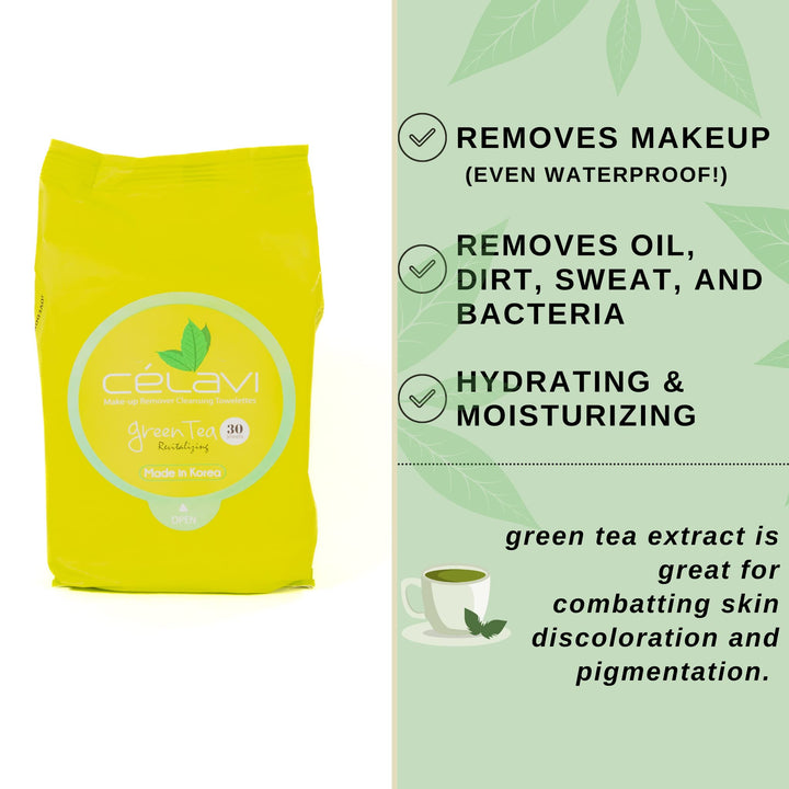 Celavi Makeup Remover Cleansing Wipes Removing Towelettes 2 Packs - 60 Sheets (Green Tea)