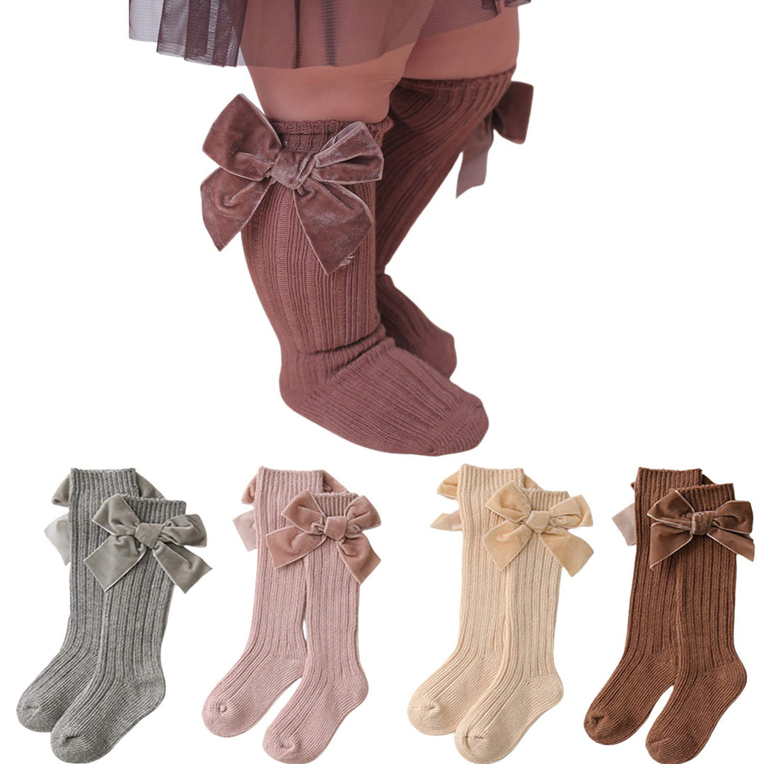 4-Pack Baby Girls Knee High Socks Infants Toddlers Bow Knit Socks Cotton Tube Ruffled Stockings (Assorted 4pk,0-12 Months)