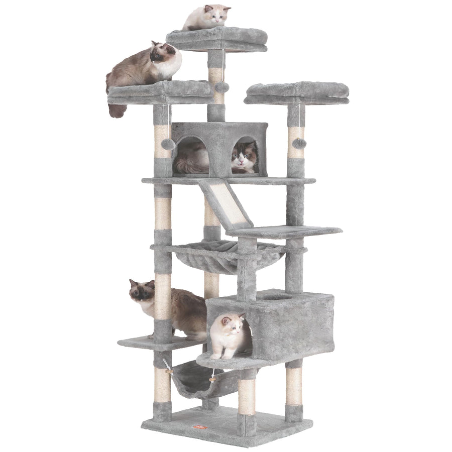 Cat Tree, 73 inches Tall Cat Tower for Large Cats 20 lbs Heavy Duty for Indoor Cats,Big Cat Furniture Condo for with Padded Plush Perch, Cozy Basket and Scratching Posts Light Gray HCT030W
