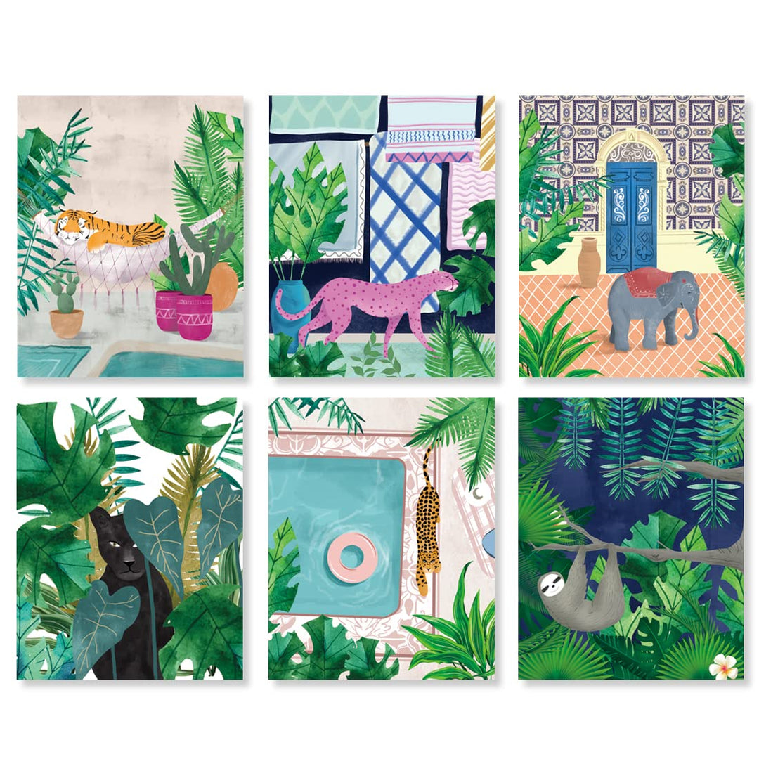 Moroccan Jungle Animal Wall Art Print - Leopard Tiger Bear Elephant Sloth Canvas Print - Forest Animal Tropical Plant Artwork for Kids Bedroom Decor (Set of 6) - Unframed - 8X10 inch