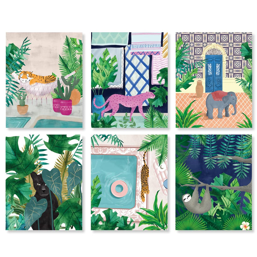 Moroccan Jungle Animal Wall Art Print - Leopard Tiger Bear Elephant Sloth Canvas Print - Forest Animal Tropical Plant Artwork for Kids Bedroom Decor (Set of 6) - Unframed - 8X10 inch