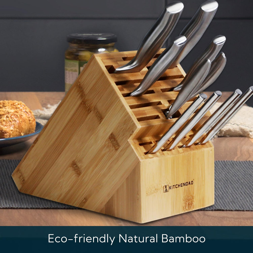 Deluxe 20 Slot Bamboo Knife Block Holder without Knives, Countertop Butcher Block Kitchen Knife Stand, Hold Multiple Large Blade Knives, Wider Slots for Easier Storage