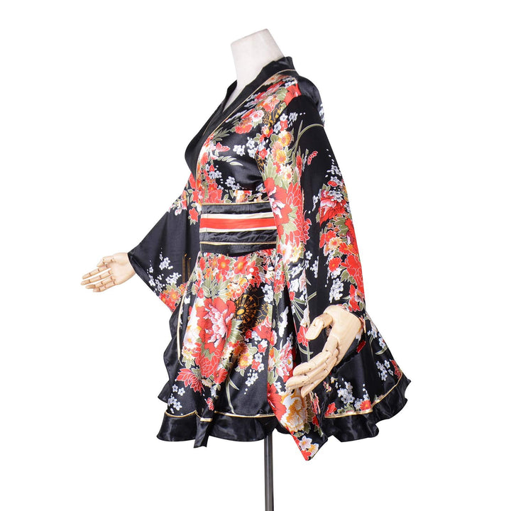 Asian Size Sexy Short Kimono Costume Adult Women&#39;s Japanese Geisha Yukata Prints Gown Blossom Fancy Dress With Obi Belt Fit Bust 44 (Black)