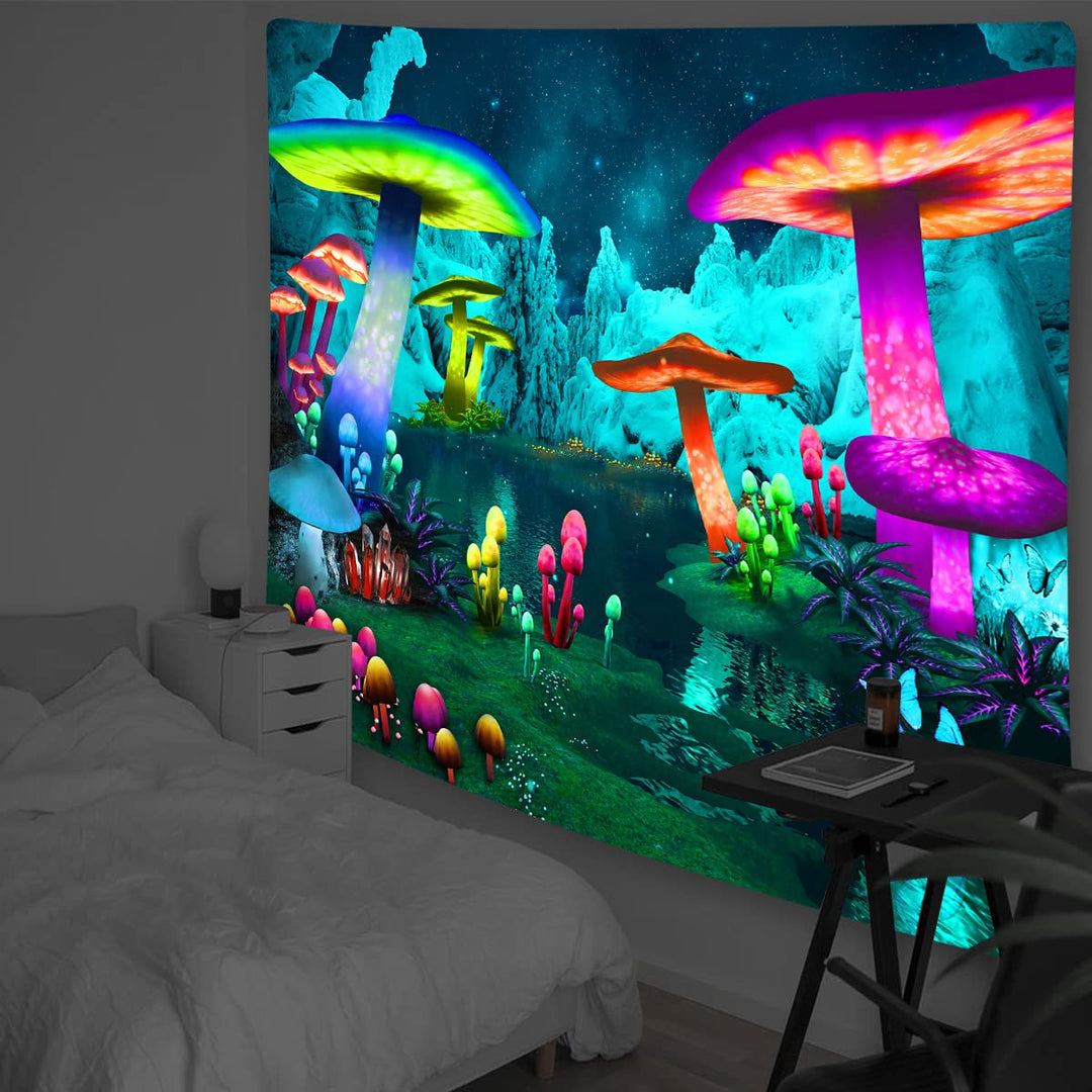 Astronaut and Mushroom Forest Planet Blacklight Tapestry UV Reactive Tapestry for Bedroom Trippy Tapestry Black Light Tapestry Aesthetic Wall Hanging for Room Home Decor