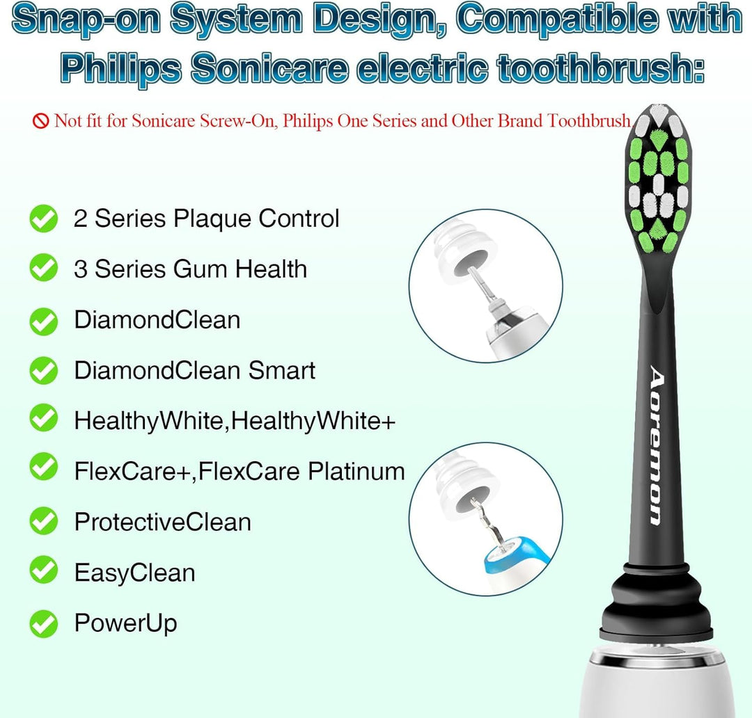 Aoremon Replacement Heads for Sonicare Philips Electric Toothbrush, Black Brush Heads Compatible with Sonicare All Snap-on Toothbrush Modle,10PCS