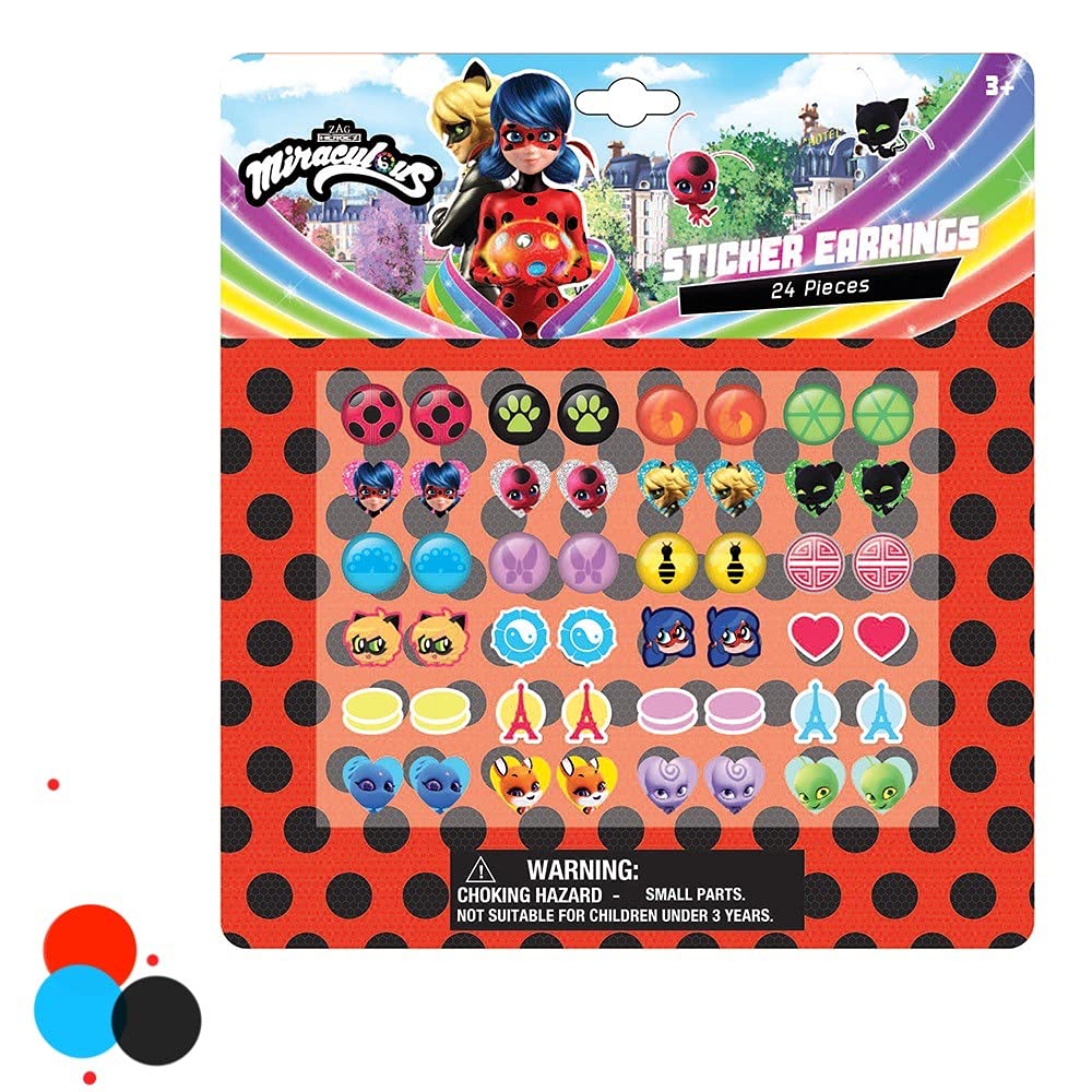 Ladybug – Set of 24 Pairs of Self-Adhesive Sticker Earrings – Jewels Feature Ladybug, Cat Noir, Tikki, Plagg, Eiffel Tower