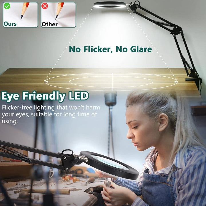 10X Magnifying Glass with Light and Stand, Veemagni 2-in-1 Real Glass Magnifying Desk Lamp & Clamp, 3 Color Modes Stepless Dimmable LED Lighted Magnifier with Light for Hobby Crafts Repair Close Works