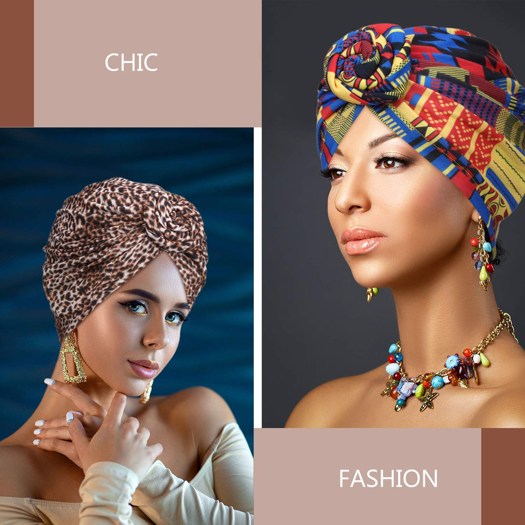 SATINIOR 4 Pieces African Pattern Headwrap Pre-Tied Bonnet Turban Knot Beanie Cap Headwrap Hat (Leopard Print Black Flower)