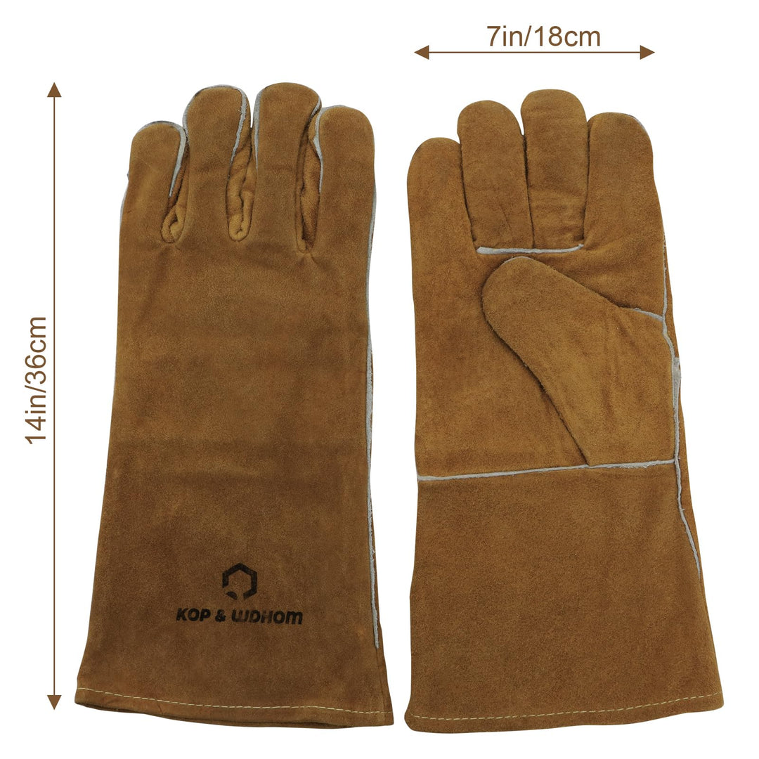 KOP&amp;WDHOM Welding Gloves 14 Heat &amp; Wear Resistant Lined Premium Leather&amp;Fireproof Stitching Heat Resistant for Fireplace/Welders/BBQ/Gardening Gloves