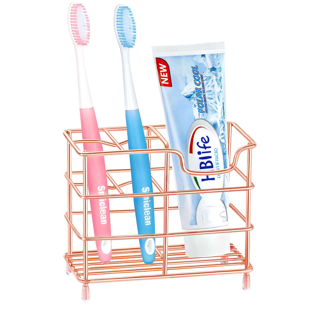 Small Toothbrush Holder for Bathroom, 5 Slots Rose Gold Stainless Steel Bathroom Accessories Organizer for Small Spaces