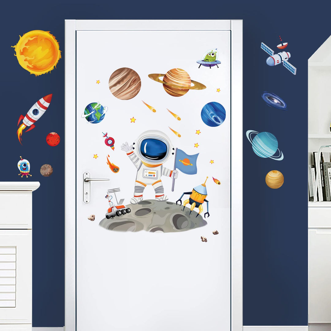Outer Space Astronaut Wall Stickers Planets Rocket Peel and Stick Wall Art Decals for Baby Nursery Kids Bedroom Playroom