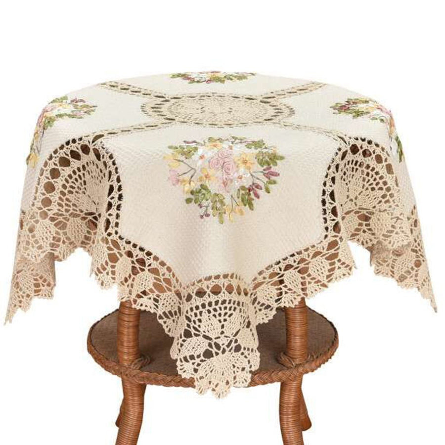 Small Handmade Crochet Cotton Lace Tablecloth, Ribbon Embroidery, Square 33 Inches