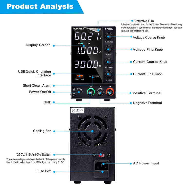 DC Power Supply Variable, Adjustable Switching Regulated Power Supply (0-60 V 0-5 A) with 4-Digits LED Display, Beach Power Supply with USB Quick-Charge Interface, Short Circuit Alarm