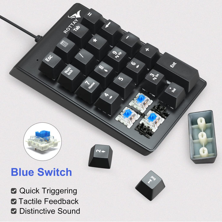 Number Pad, Mechanical USB Wired Numeric Keypad with Blue LED Backlit 22 Key Numpad for Laptop Desktop Computer PC Black (Blue switches)