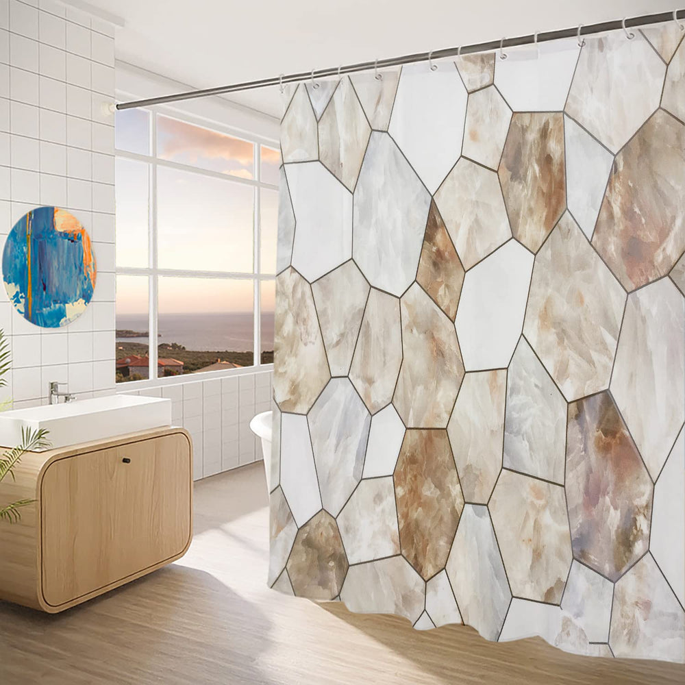 Brown Beige Geometric Marble Shower Curtain, Abstract Creative Beautiful Artwork Design Shower Curtain Long wide with Rust Proof for Bathroom Bathtub Waterproof Washable