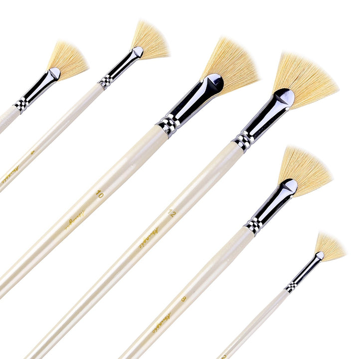 Fan Brush Set - Hog Bristle Natural Hair - Artist Soft Anti-Shedding Paint Brushes for Acrylic Watercolor Oil Painting, Long Wood Handle with Case, Set of 6