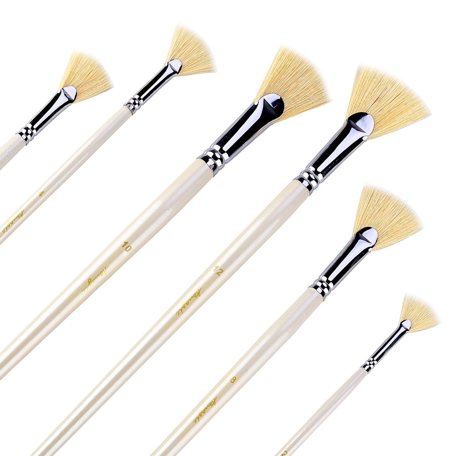 Fan Brush Set - Hog Bristle Natural Hair - Artist Soft Anti-Shedding Paint Brushes for Acrylic Watercolor Oil Painting, Long Wood Handle with Case, Set of 6