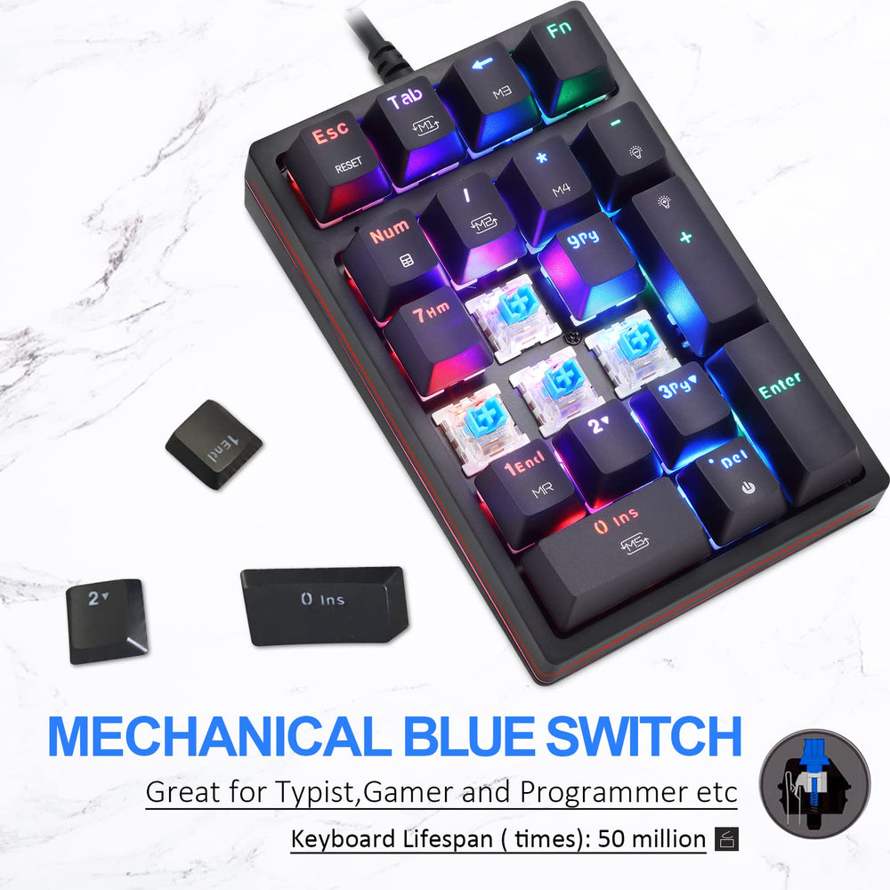 Macro Mechanical Numeric Keypad USB Wired 21 Keys Mini Numpad Portable Keypad RGB Backlight Gaming Keypad Extended Layout for Cashier(Fully Programmable Keys)