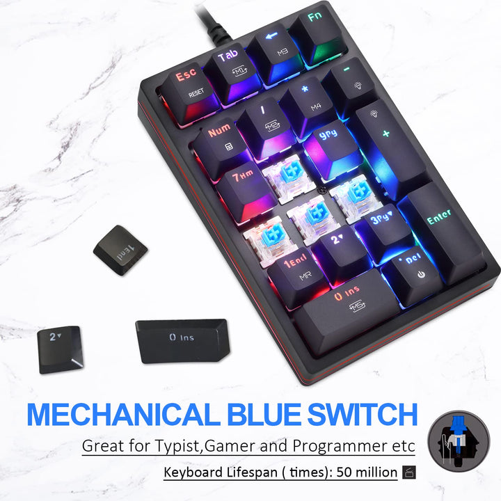 Macro Mechanical Numeric Keypad USB Wired 21 Keys Mini Numpad Portable Keypad RGB Backlight Gaming Keypad Extended Layout for Cashier(Fully Programmable Keys)