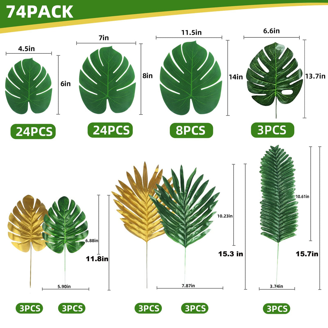 74 Pieces 9 Kinds Artificial Palm Leaves Golden Tropical with Stems Safari Jungle for Hawaiian Luau Party Beach Baby Shower Wedding Birthday Decorations (LYS01)
