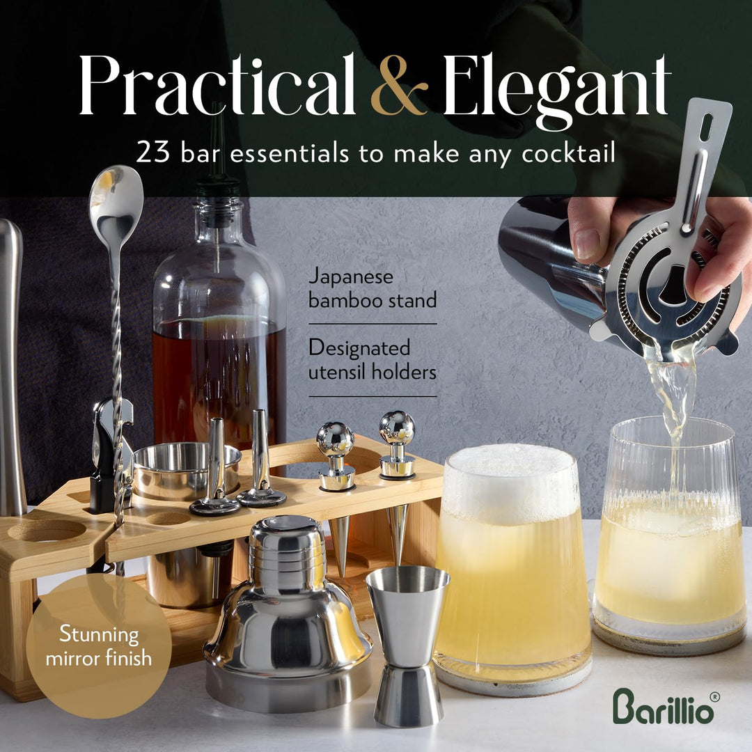 Barillio Bartender Kit - Stainless-Steel Cocktail Shaker Set w/Bamboo Stand - Mixology Bar Tools w/Drink Shaker, Mixer Spoon &amp; Muddler for Cocktails - Home Bar Accessories - 23-Pc Bar Set - Silver