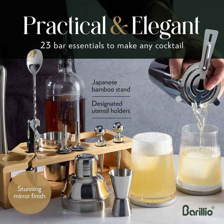 Barillio Bartender Kit - Stainless-Steel Cocktail Shaker Set w/Bamboo Stand - Mixology Bar Tools w/Drink Shaker, Mixer Spoon &amp; Muddler for Cocktails - Home Bar Accessories - 23-Pc Bar Set - Silver