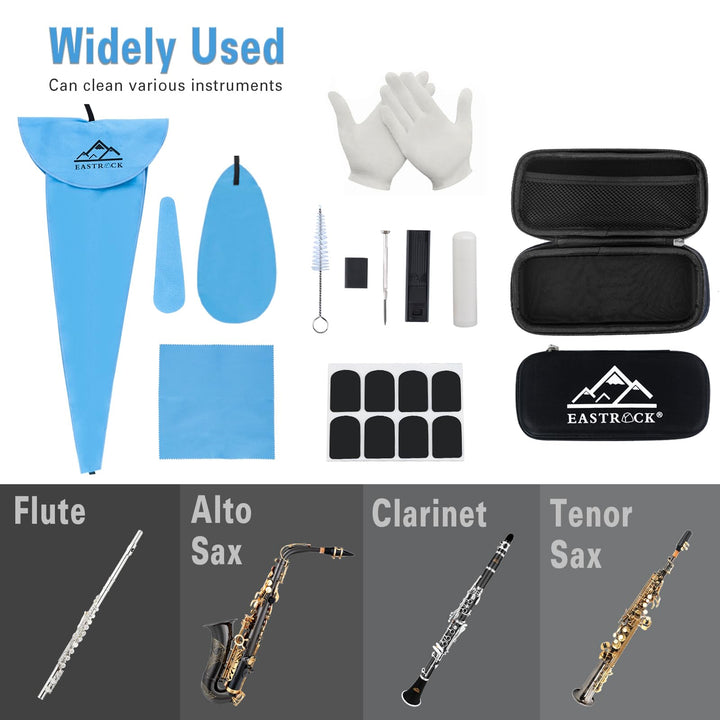 Saxophone Cleaning Kit with EVA Case for Alto Tenor Sax Clarinet Flute and other Wind &amp; Woodwind Struments,Including Sax Cleaning Swab(4pcs),Mouthpiece Brush