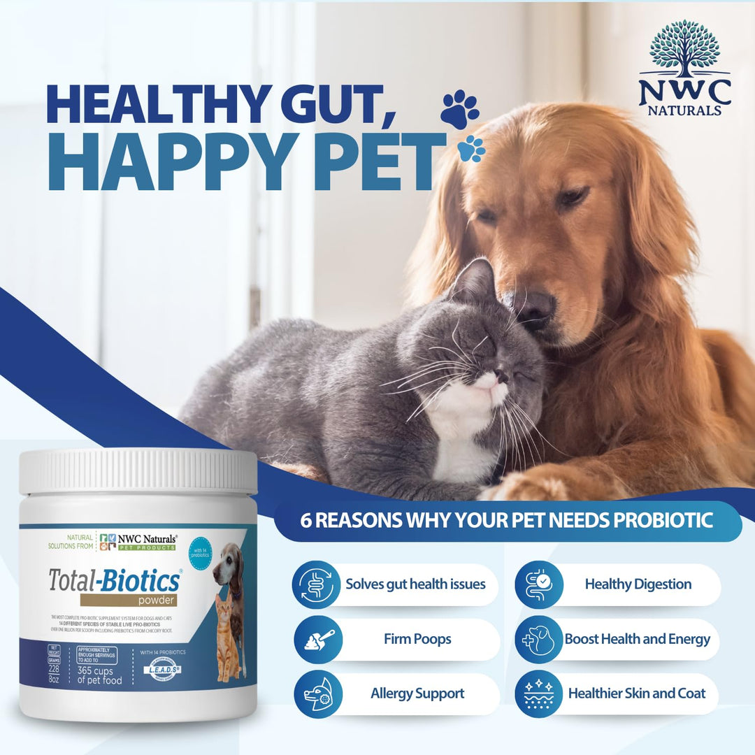 Total-Biotics, Cat &amp; Dog Probiotics for Digestive Health with Prebiotic, Unflavored Probiotic for Dogs &amp; Cats, Supplement for Gut, Skin, Coat, Upset Stomach Relief, 365 Servings, 8 Ounces